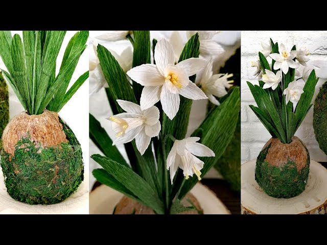 Весенний декор в кокосе. Нарцисс букетный из гофрированной бумаги